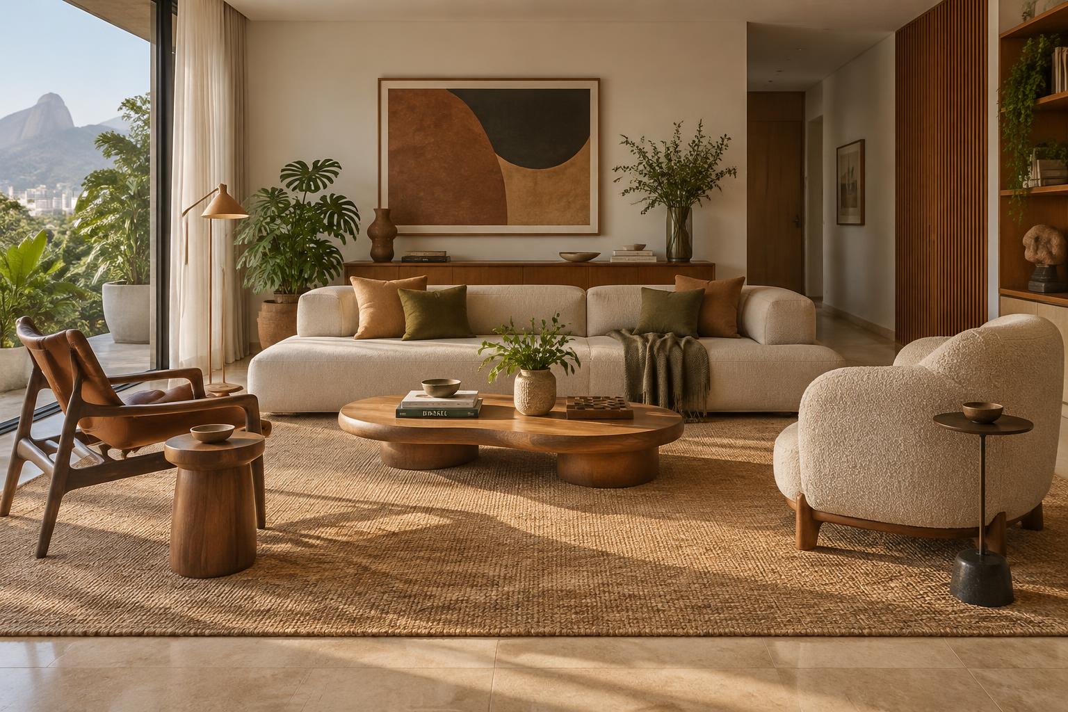 Living com sofá claro e duas poltronas de desenhos diferentes, ligadas por madeira e tons terrosos.